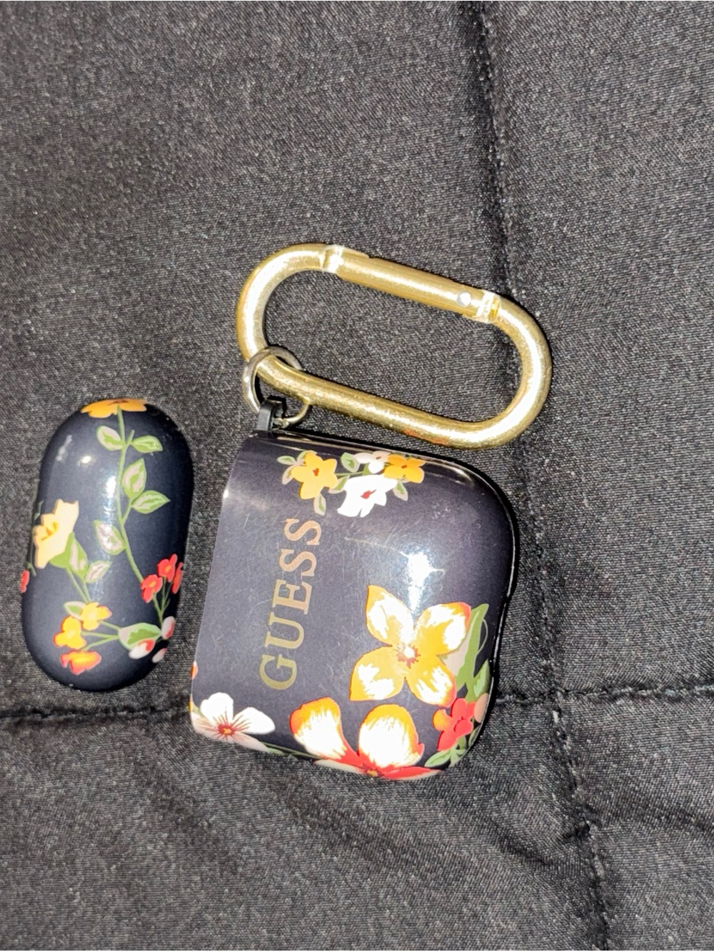 GUESS Navy Floral AirPod Case with Gold Carabiner